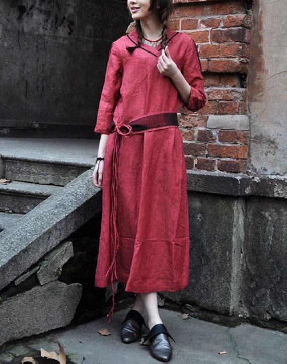 Red Long Dress/ Linen Evening Dress Gown - Made to order