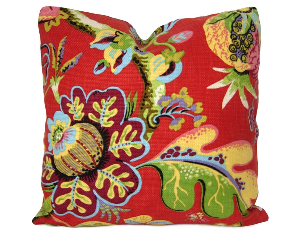 Floral Pillow Cover - Wonderland Ruby in Red, Lime Green, Aqua, Yellow, Pink, Raspberry and Black - Accent Pillow - Sofa Pillow