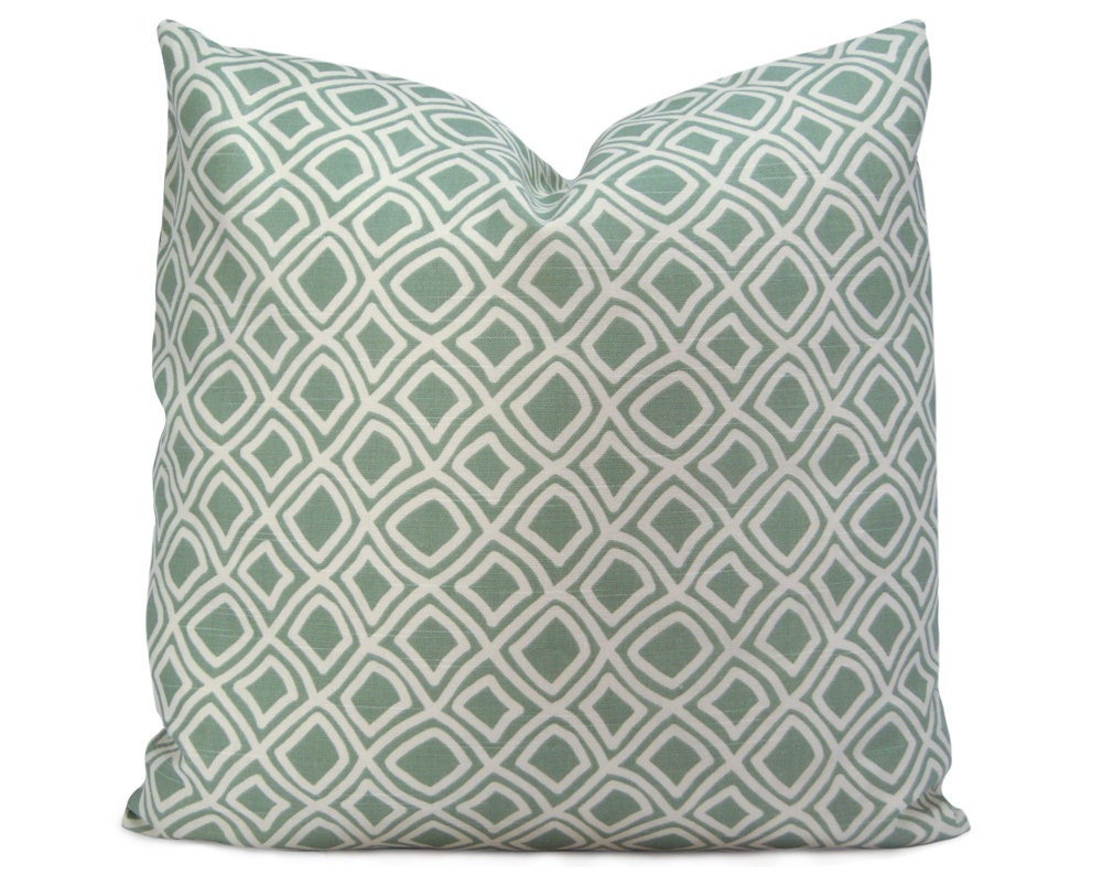 Trellis Decorative Pillow - Modern and Traditional Pillow Cover in a Geometric Lattice Pattern - Sea Glass Blue-Green & White