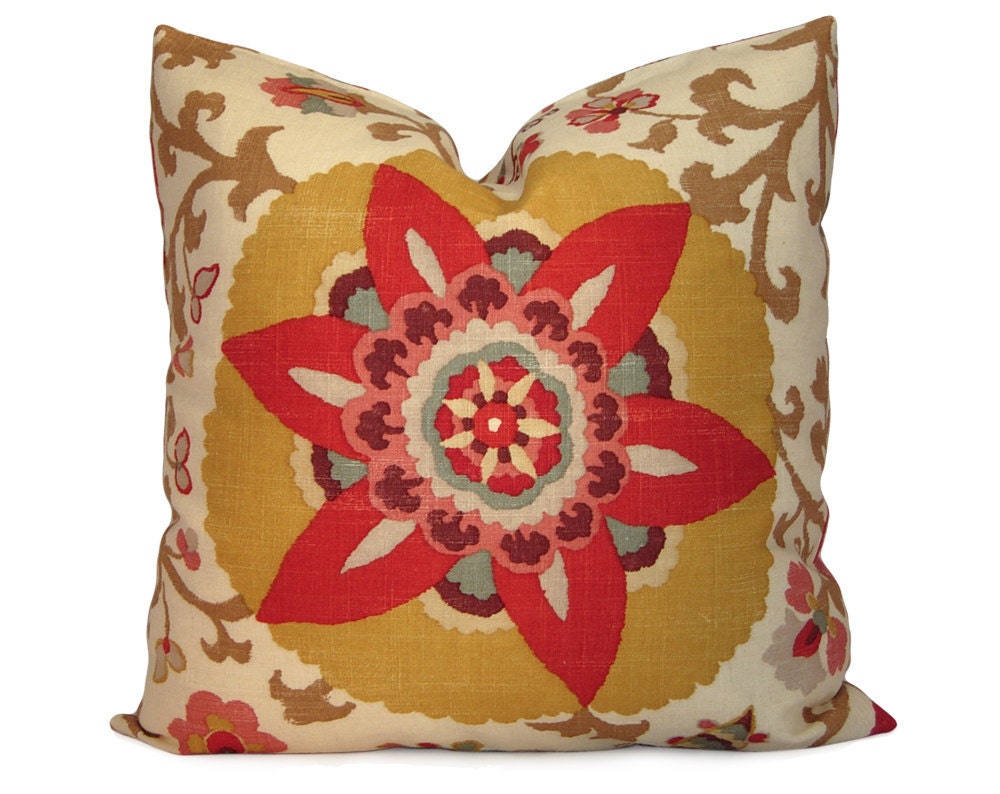 Red and Yellow Suzani Pillow Cover - Floral Decorative Pillow - Throw Pillow - Accent Pillow - 18x18 20x20 22x22 or Lumbar Sizes