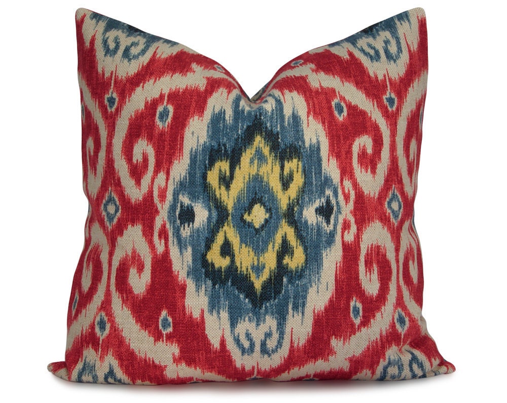 Iman Ikat Pillow Cover in Red, Blue, Navy and Yellow - Decorative Pillow - Throw Pillow -18x18 20x20 22x22 or Lumbar Sizes