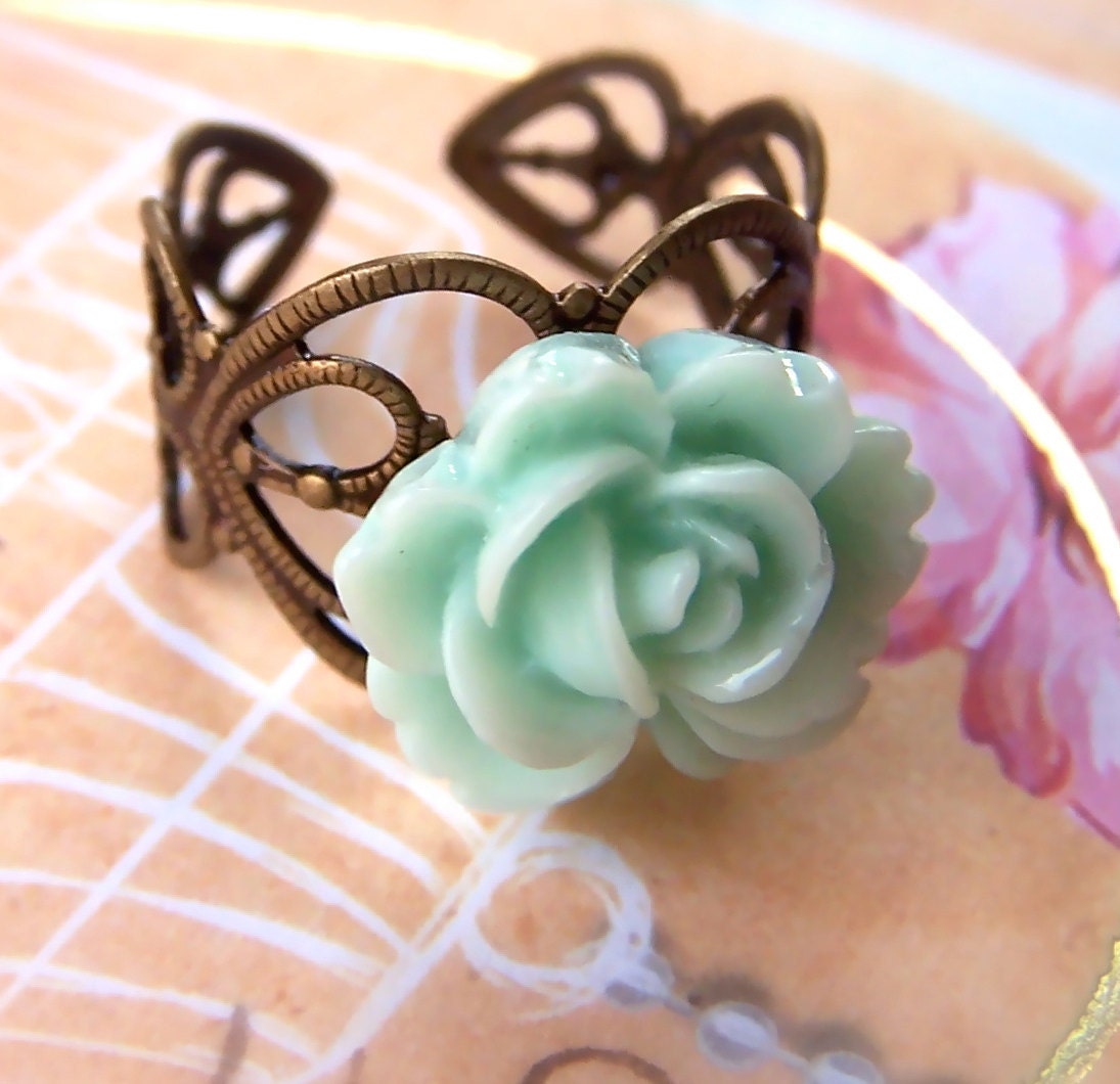 Mint Green Ring, Resin Rose, Pale Green, Vintage Style Shabby Chic Jewelry for Girls and Women
