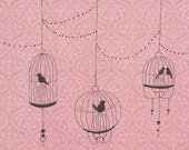 Black birds and bird cages on pink vintage floral background 8x10
