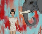 Elephant art print red and blue background 8x10