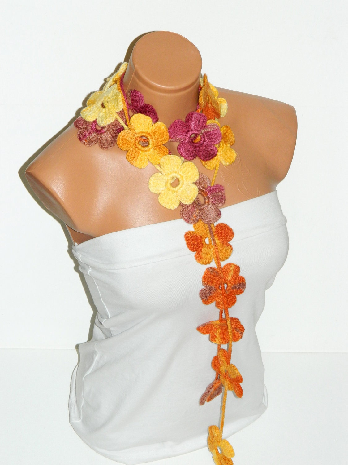 crochet colorful  Flower Lariat Scarves. Fashion Flower Scarves, Necklace...  Multicolor lariat scarf for spring