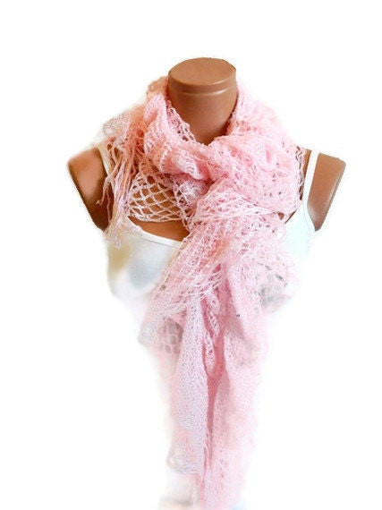 scarves sale, filet knit soft pink women scarf, ruffle design, unique gift for women, spring trends 2012