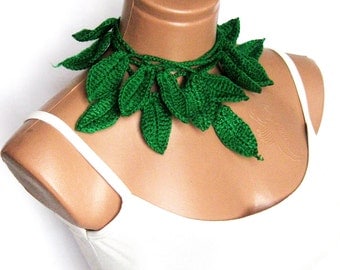 Scarves,Hand made crochet green ivy leafs Lariat Scarf. Fashion Flower Scarves, Necklace...