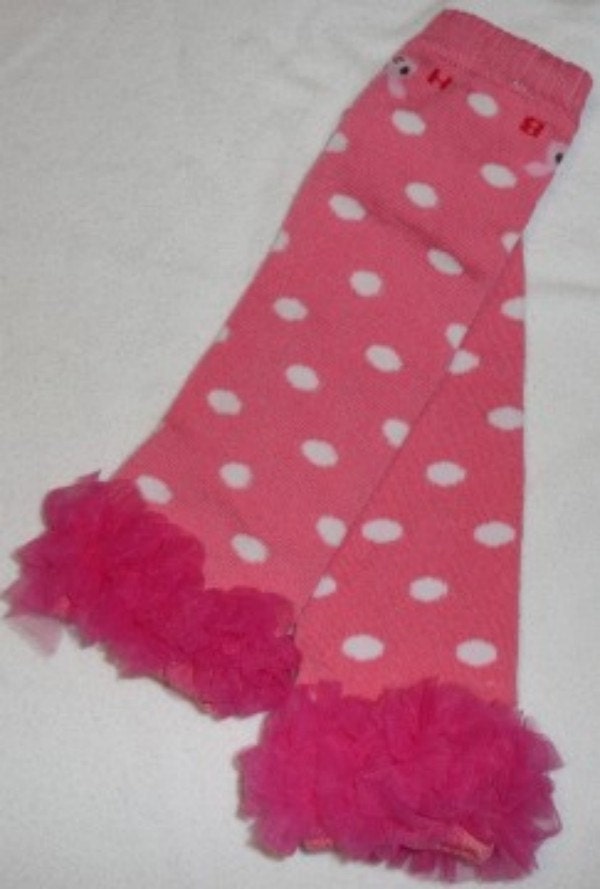 Leg Warmers Pink with White Polka Dots and a Double Hot Pink  Ruffle for Infant Baby or Toddler or Preteen Arm Warmers TOO CUTE