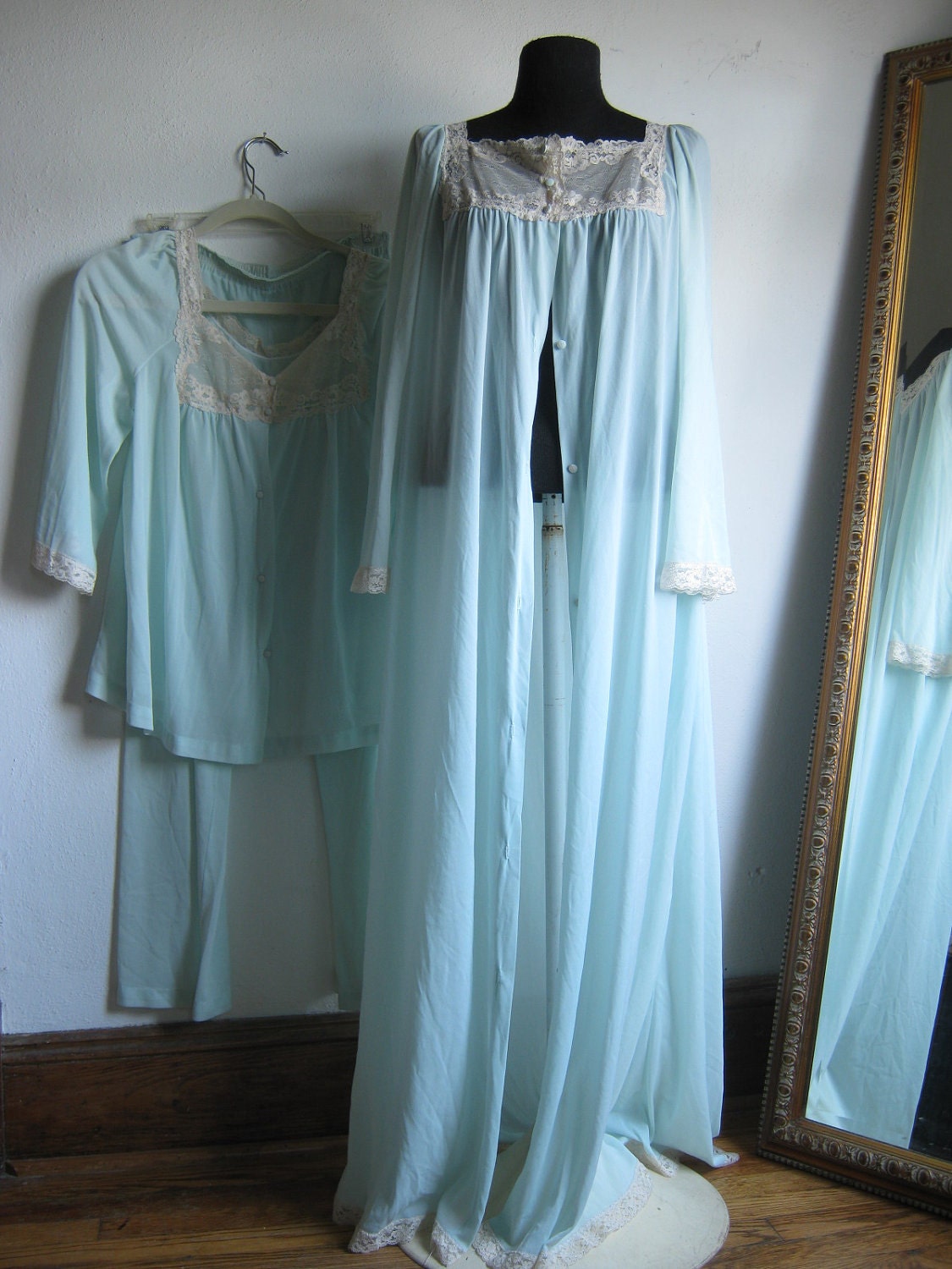 1950s Sheer Light Blue 3 Pc Pajamas Set Size Large