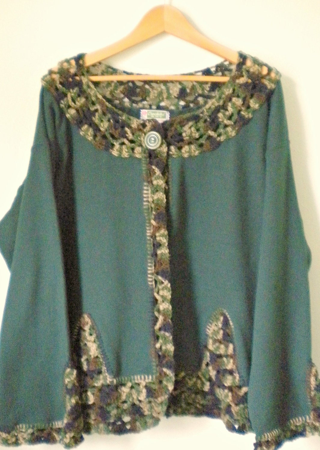 Upcycled Fleece Sweatshirt Jacket in Forest Green with Intricate Crochet Scalloped Edging and Vintage Button for Women