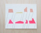 Original abstract painting, geometric art on paper with neon pink, peach and gold