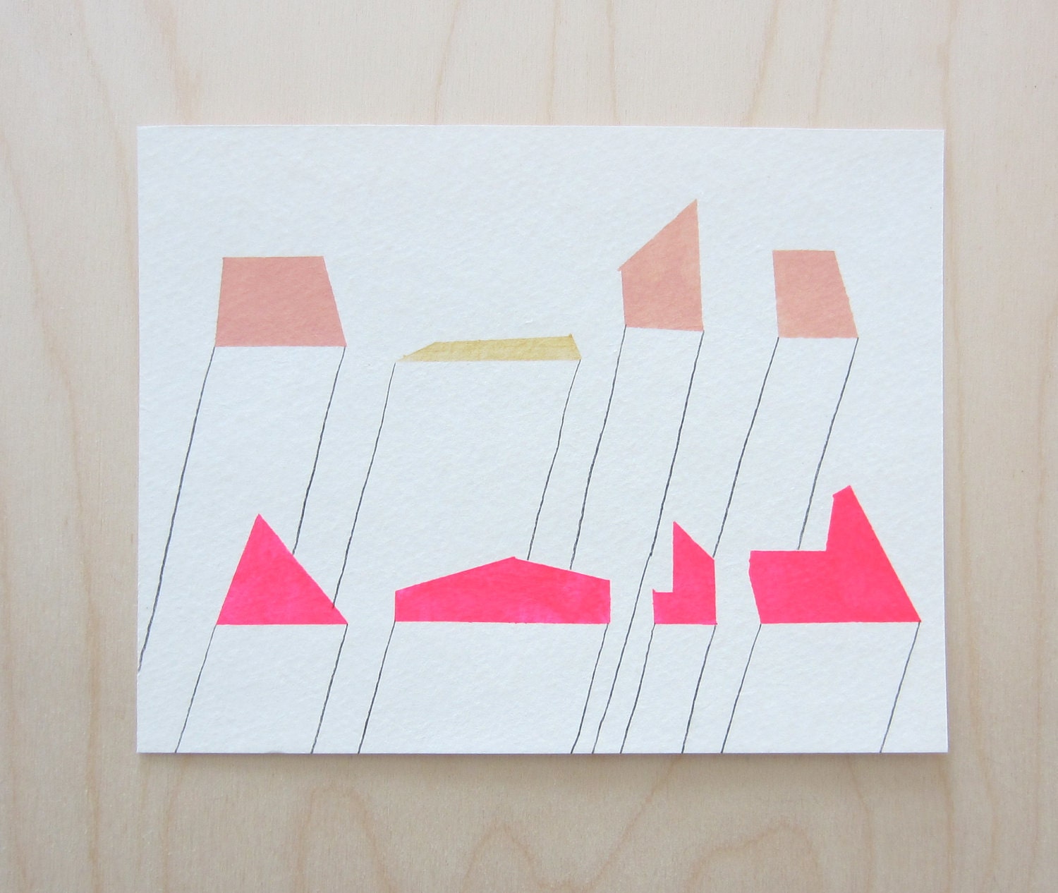 Original abstract painting, geometric art on paper with neon pink, peach and gold