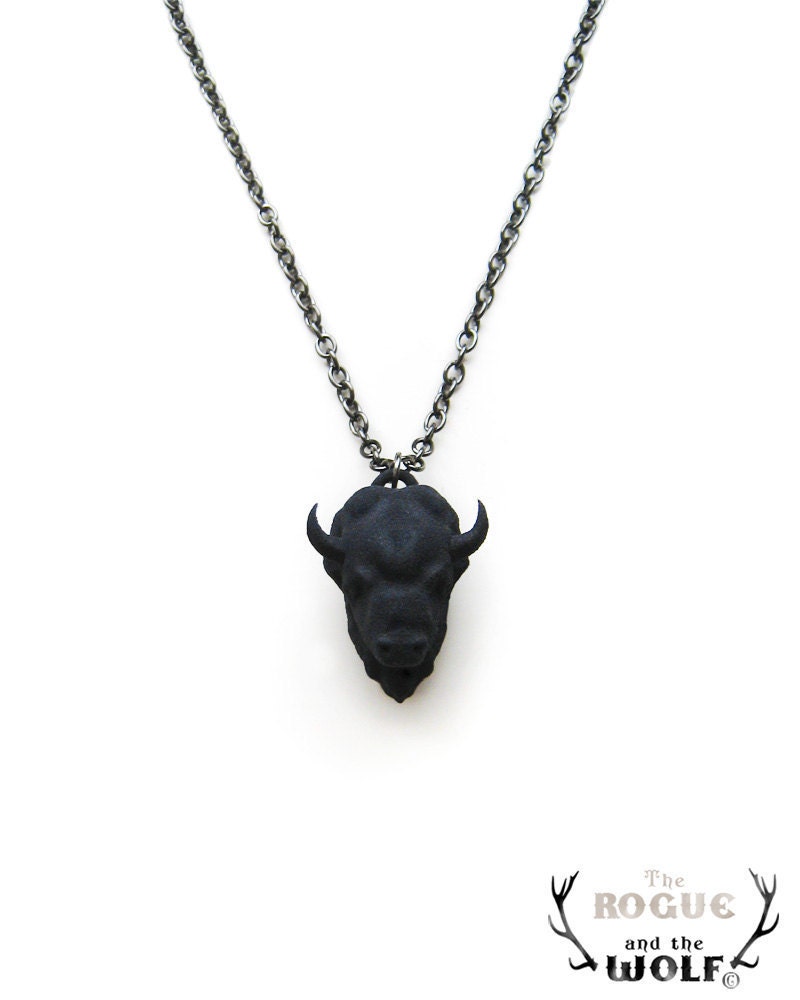 Black Bison Head Necklace, cool jewelry, animal head necklace, animal jewelry, animal pendant, wild bison, wild buffalo