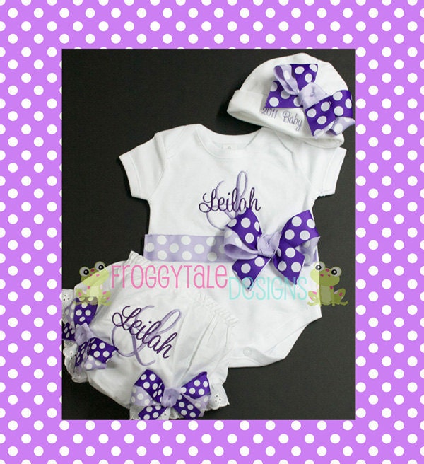COMING HOME Newborn PERSONALIZED Bodysuit Onesie Diaper Cover Tutu Bloomer and Beanie Outfit for Little Baby Girls - Custom
