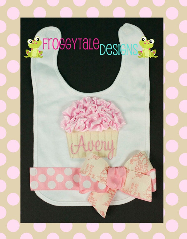 Birthday Ruffle Cupcake Shabby Chic Pink Toile Infant to Toddler Girls Bib with Bow for Little Baby Girls- PERSONALIZED Custom