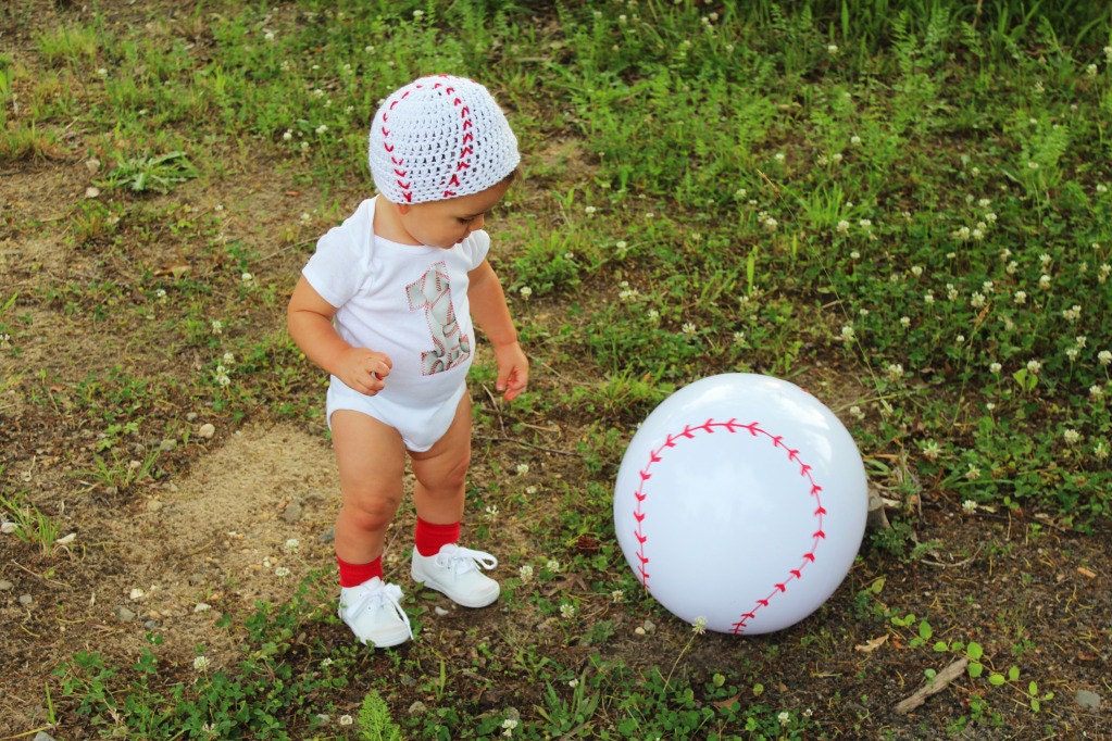 Baby boy 1st Birthday outfit onesie/bodysuit and crochet hat set, baseball, sports, photo prop