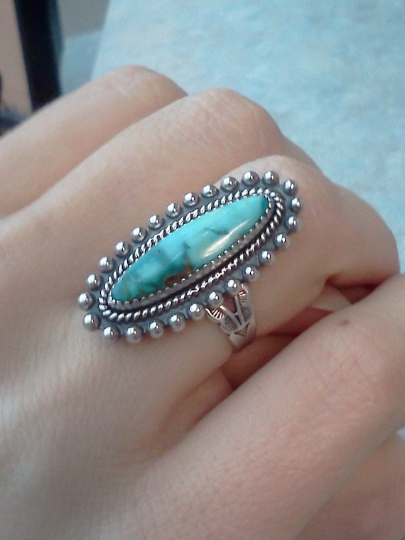 Vintage turquoise 925 Native American silver ring Southwest Navajo 1970s