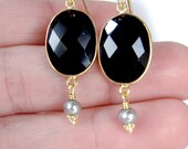 Black Onyx Gemstone Earrings-Bezel Set Gold Earrings