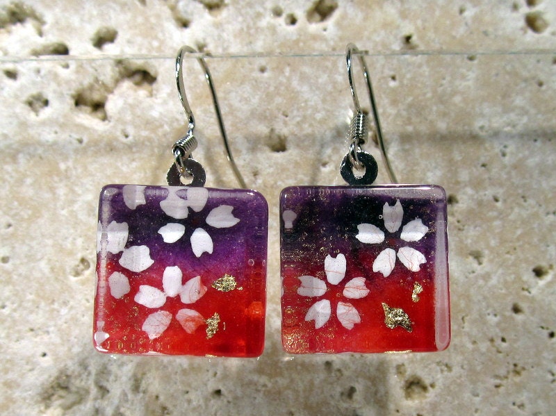 Japanese Yuzen Paper Collage Earrings, Oriental jewelry, Japanese jewellery, paper earring