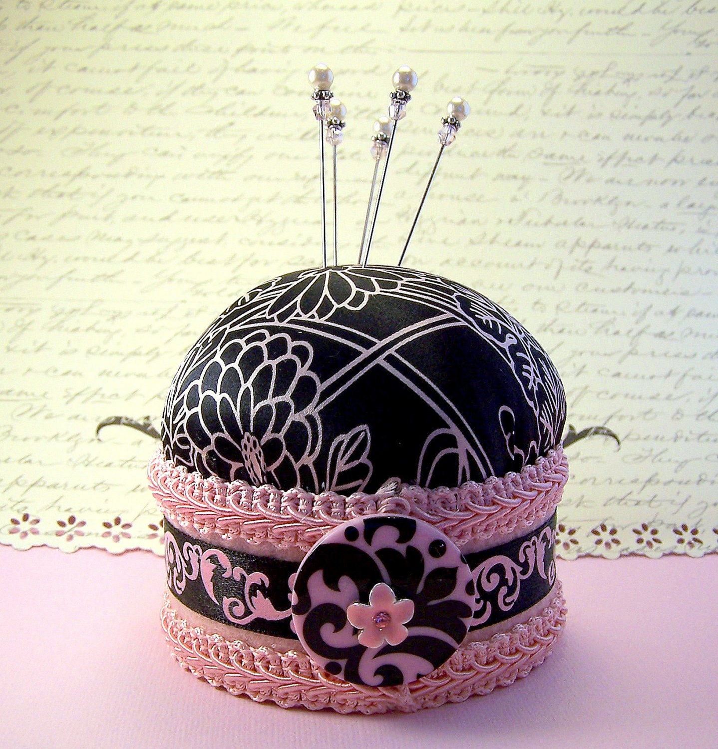 CLEARANCE Pincushion needlecraft Lady Yoko pink and black silk floral fabric decorative straight pins needles  TAGT