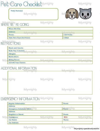 Pet Care Checklist Petsitting Printable PDF By Tidymighty