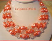 Vintage Necklace Tangerine Orange & Clear Beads Clip On Earrings 1950s Mad Men