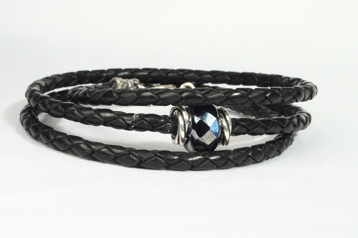 Men's black leather wrap bracelet.  Gray glass bead, silver spacers and toggle clasp.  Hip man bracelet.