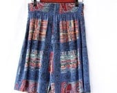 Womens baggy shorts skort culottes mini skirt cummerbund waist blue ethnic print high waisted shorts summer fashion