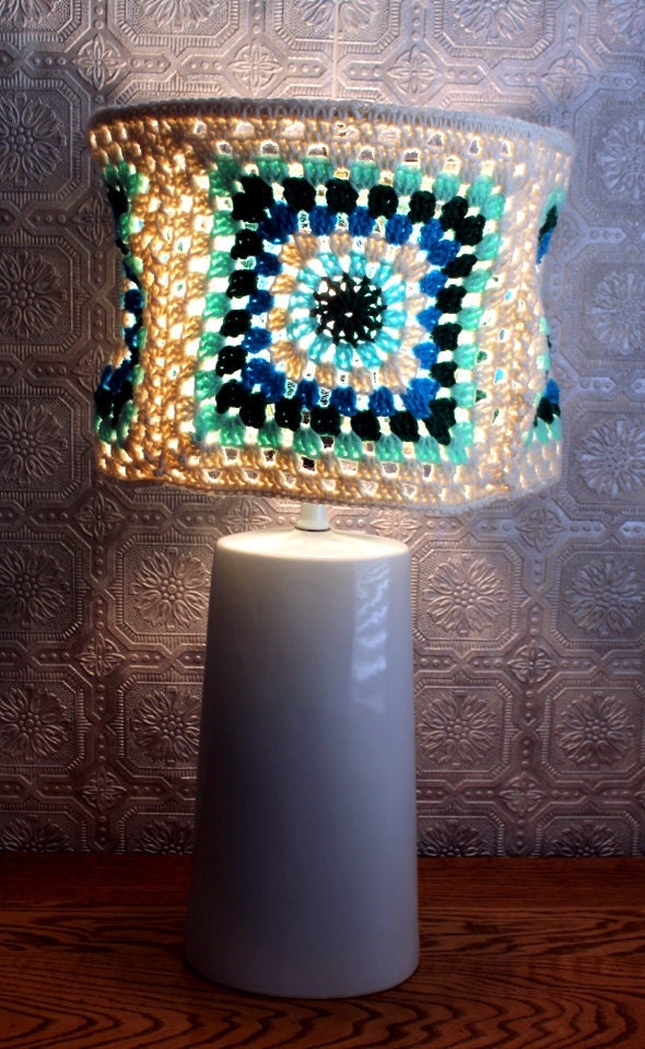Lampshade Hippie Granny Square Crochet Wavy Off White Blue Mint Green Housewares Home Decor Lighting