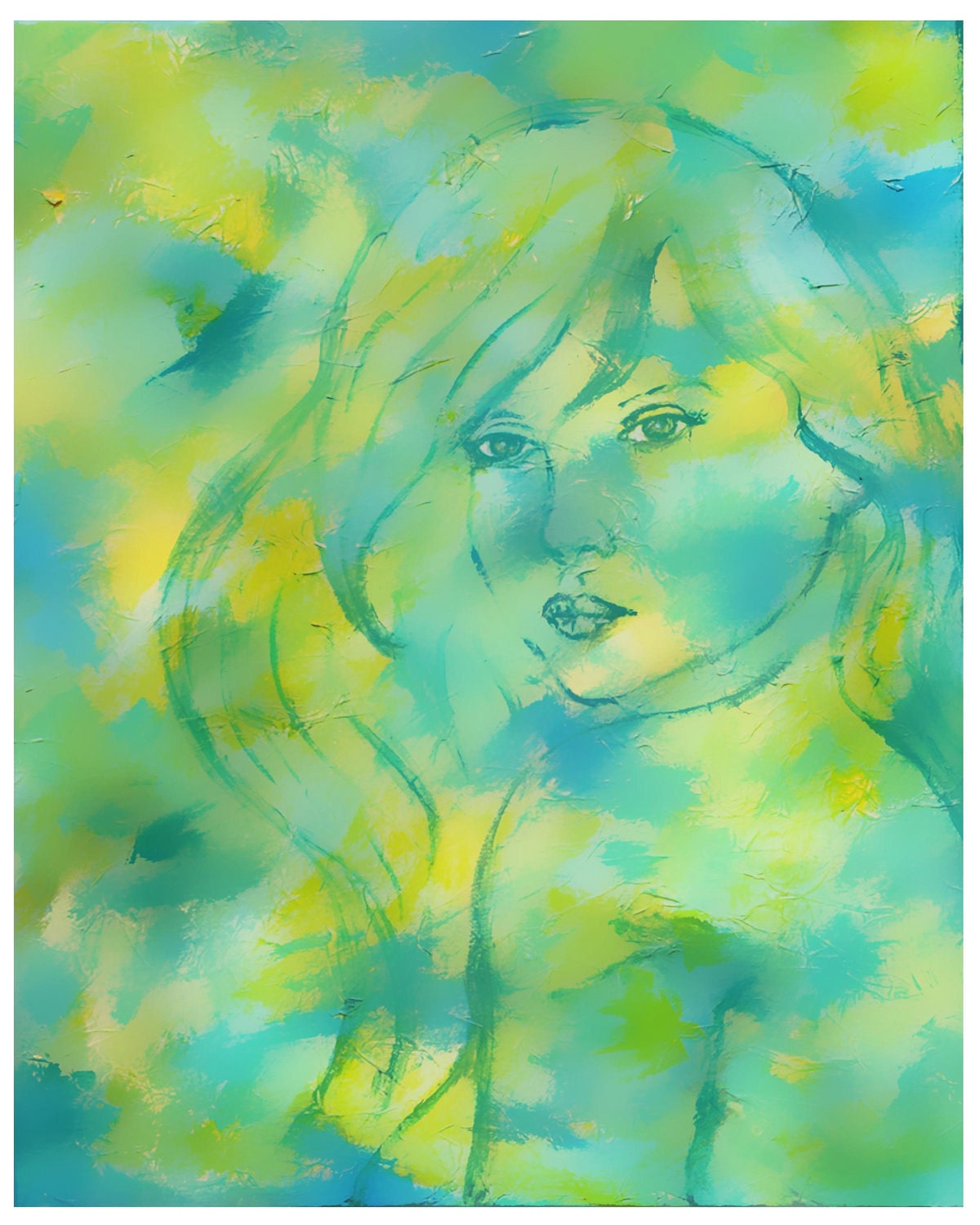 8 x 10 Original Print, Nerissa, Daughter of the Sea, Ocean,Mermaid,Green, Yellow, Abstract , Wall Decor and Wall art, Lemon and Lime