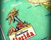 Map photography 20x20 square color photo retro Florida Americana SUNSHINE STATE vintage vacation travel summer aqua red beach lover gift