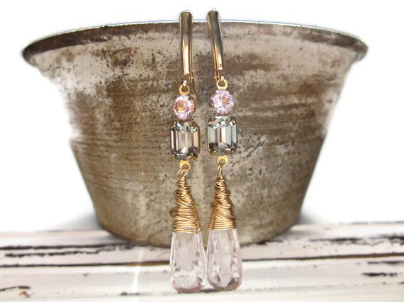 Rose Quartz Dangle Earrings Gold Filled with Vintage Double Rhinestone Brass Settings - So soft, So feminine