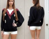 SALE Black/maroon/white vintage sweater with triangle pattern and pearl details small/medium