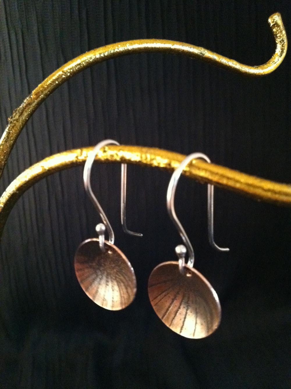 Copper domed disc earrings, dangle from sterling silver ear wires, with texture and patina by SuSu Studio