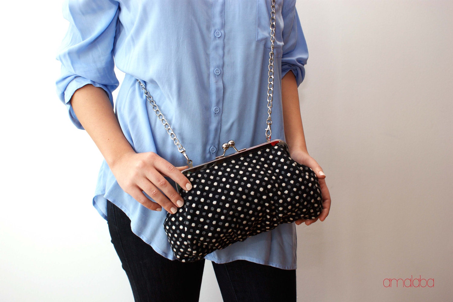 Purse frame bag - Black with white and grey polka dots fleece fabric