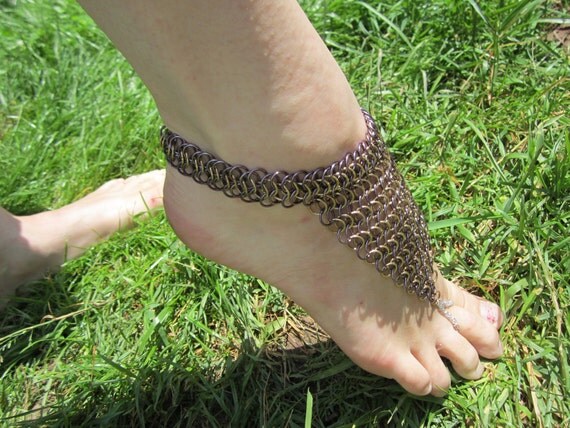 Light Purple Lilac Lavender and Gold Gypsy Chain Mail Foot Flower Slave Anklet