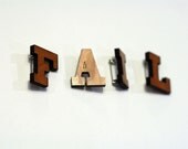 FAIL Brooches. Laser Cut Wooden Letters Pins. Cherry Wood and Acrylic.