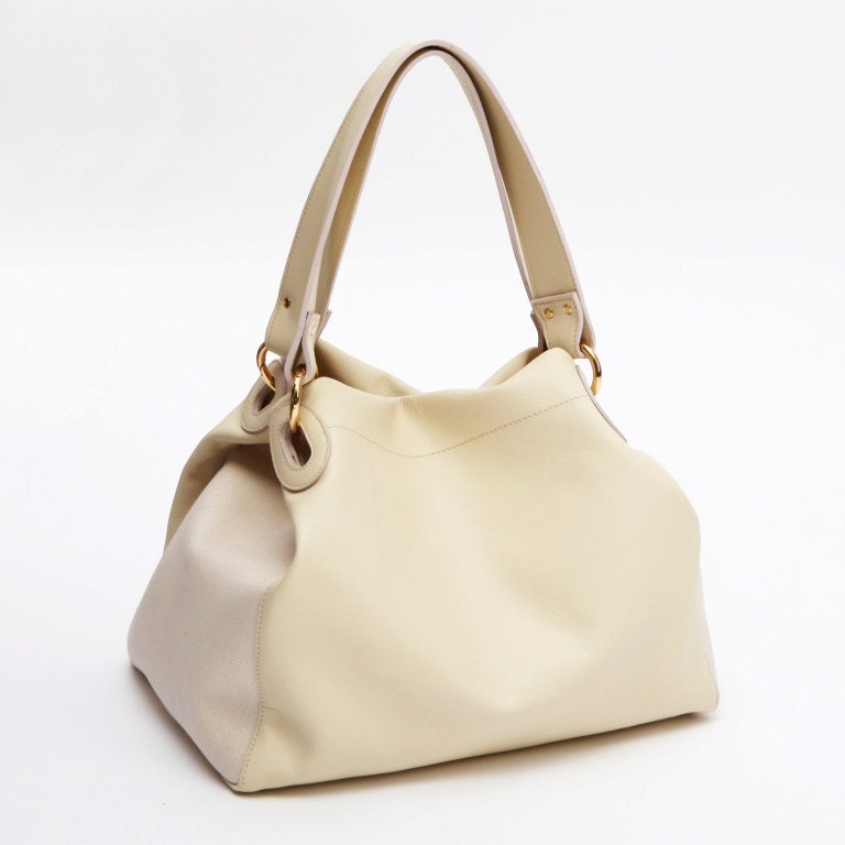 SALE - Beige Cream Leather Tote Bag, Leather Satchel, Beige Handbag Shoulder Bag