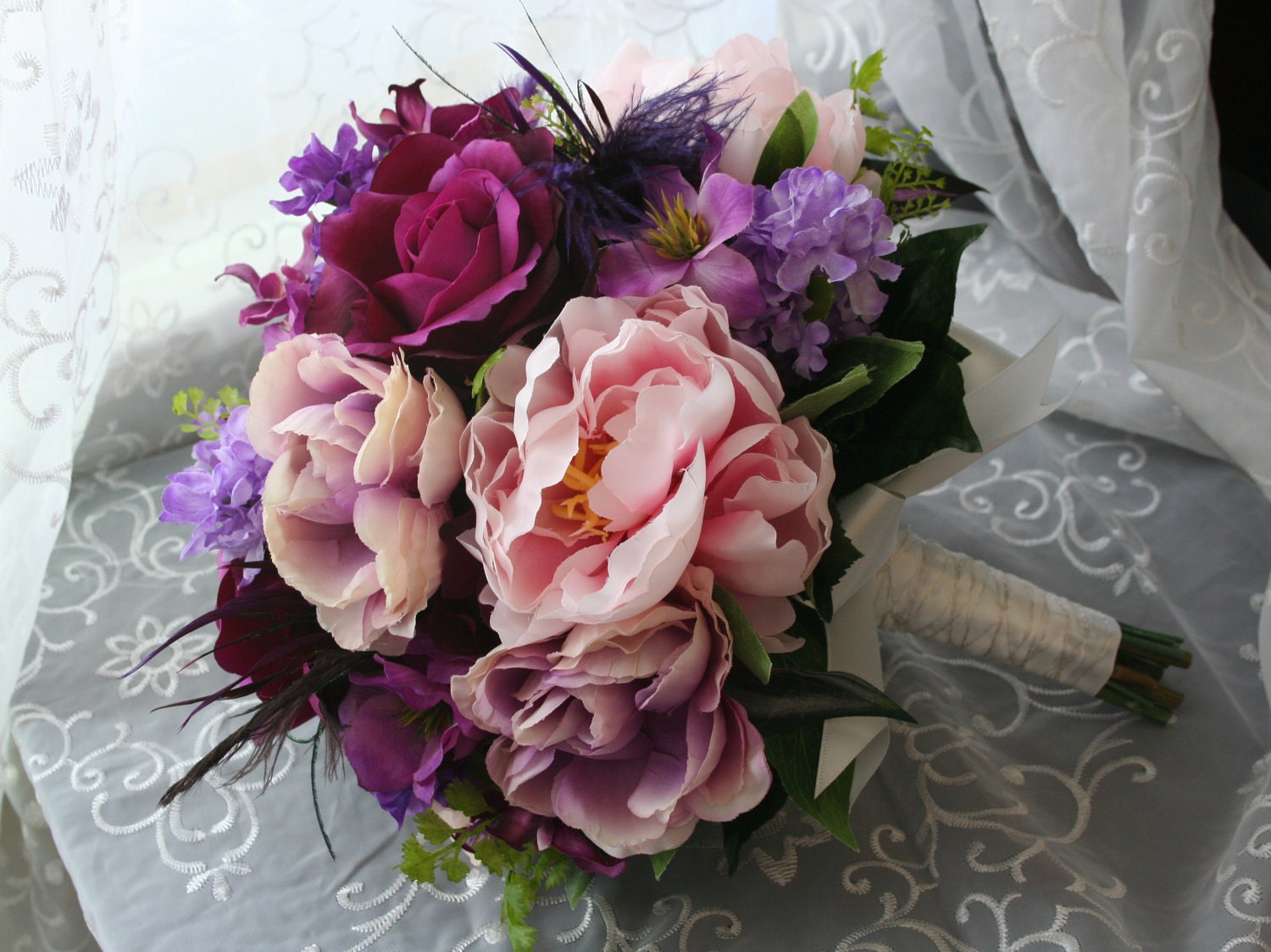 Purple Feather Bouquet and  Boutonniere Set - Pink and Purple Wedding - Roses, Orchids, Lilacs, Peonies - Summer Wedding