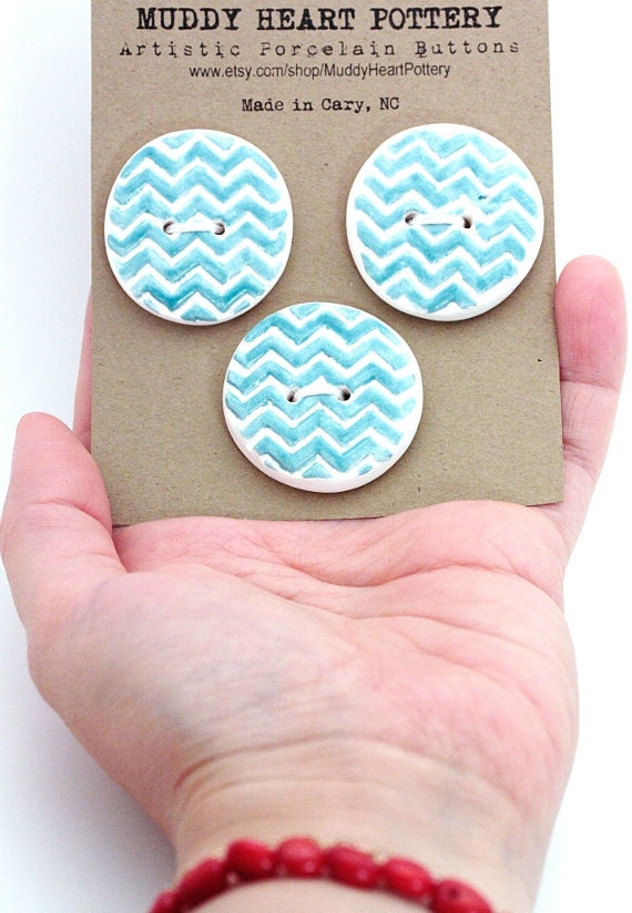 Chevron Porcelain Buttons HUGE In Blue and White Perfect For Your Knitting or Sewing Projects READY To SHIP