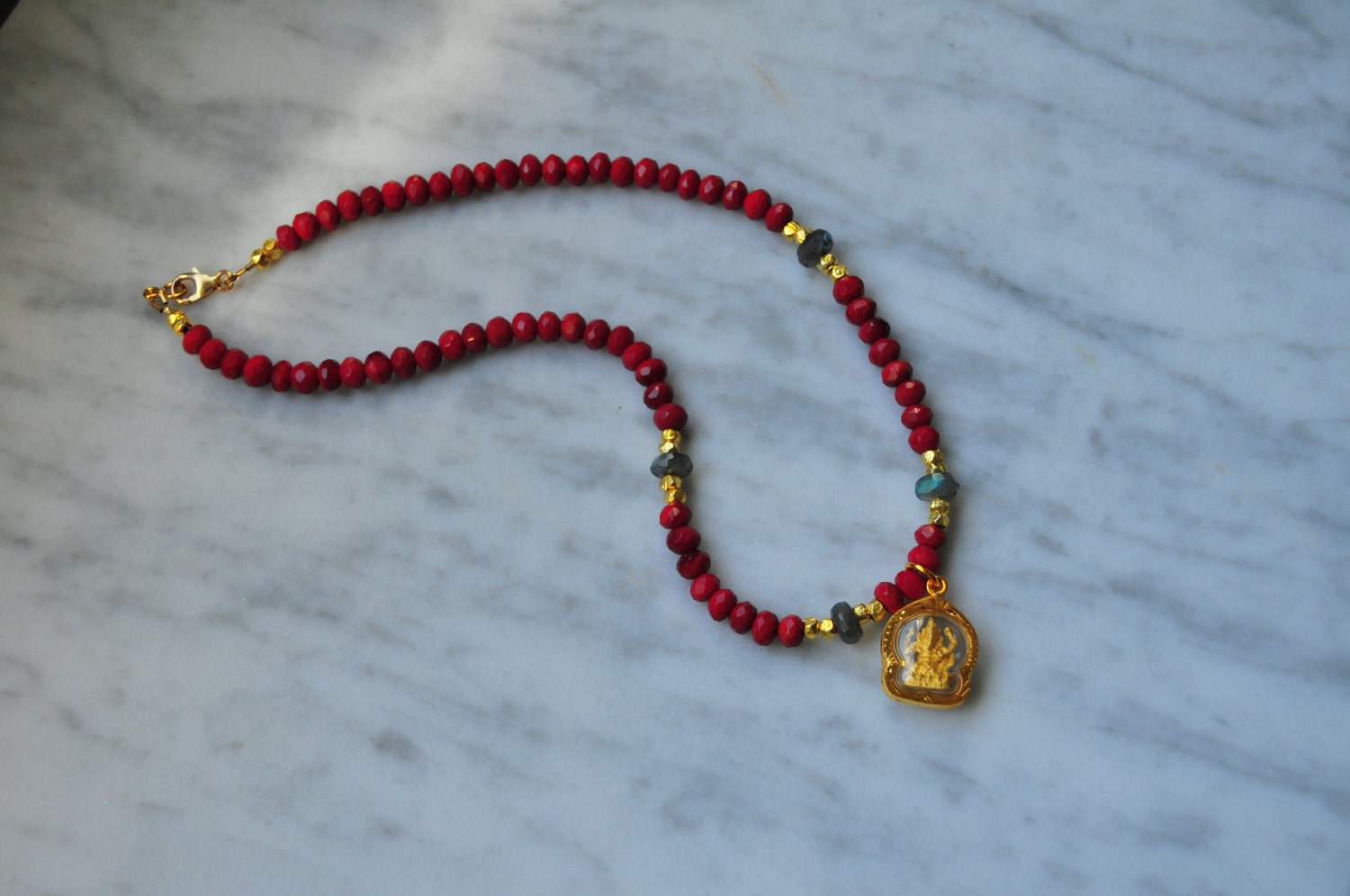 Ruby quartz and gold Ganesh necklace / Hindu necklace/ Yoga necklace/ Buddhist necklace