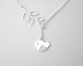 Bird Lariat Necklace - Bird Branch Necklace - Silver Bird Necklace