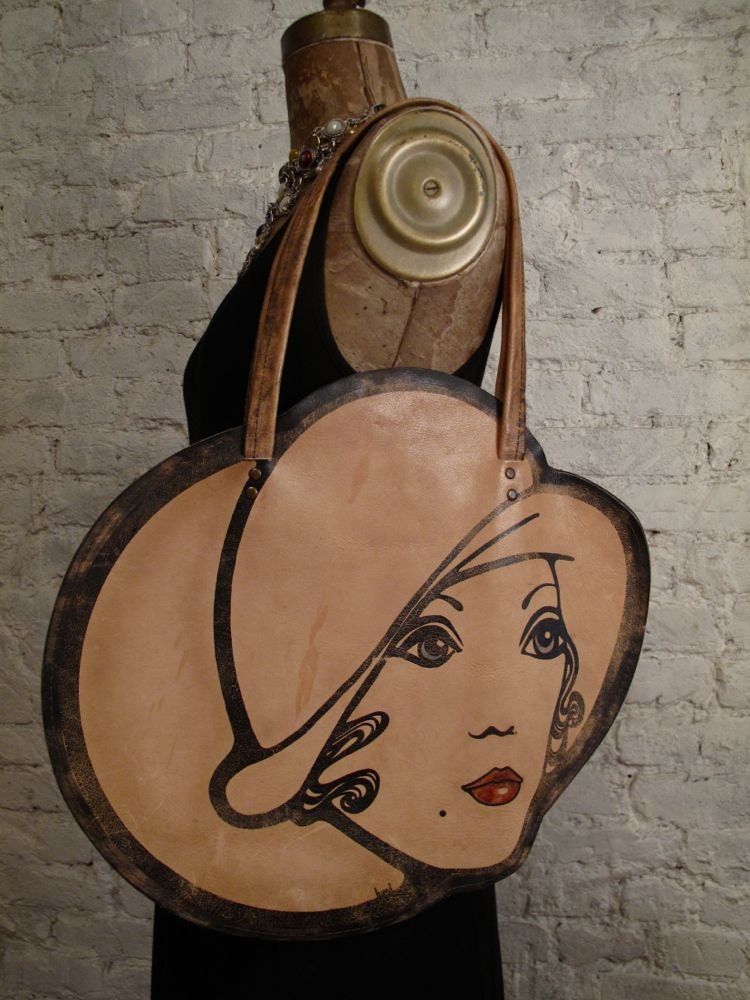 60s Mod Lady's Face Leather Bag - Rare and Collectible Novelty Purse