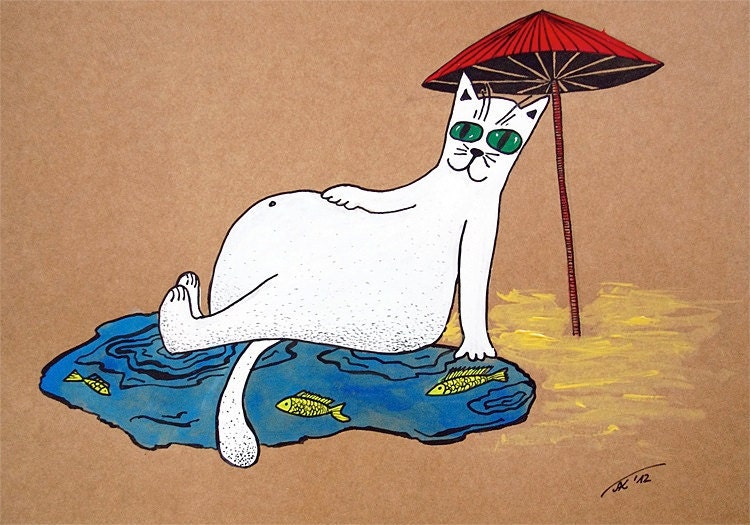 Original white cat painting. Cat drawing. Cat illustration. Animal illustration. Original painting.Cat and fish. Kitty. Nursery.Home decor