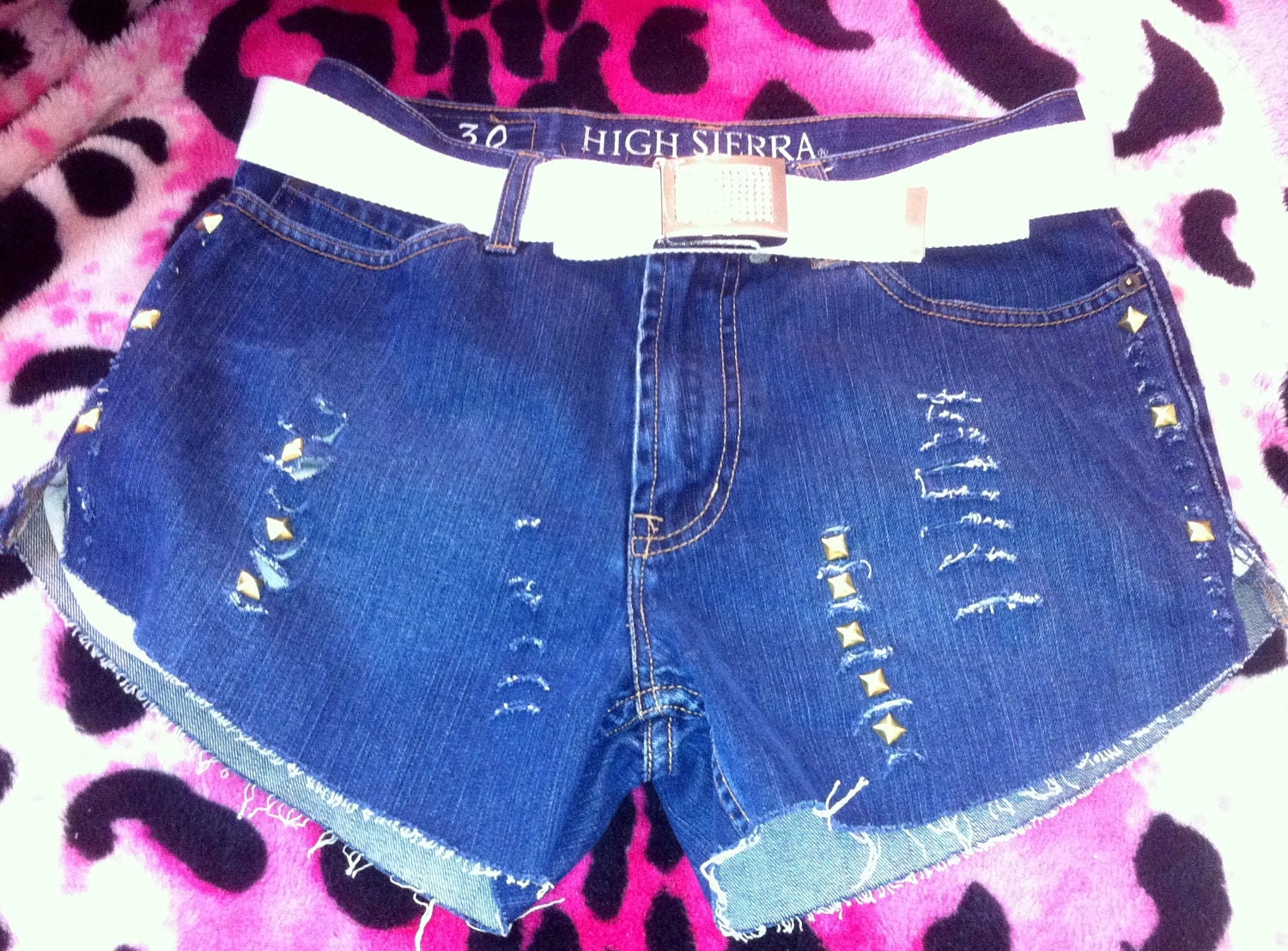 Blue Cut up Jean Shorts Gold Studded Pink Green White Stripes Pink Rhinestone Belt High Waisted Distressed Heart Design pockets sz 30"