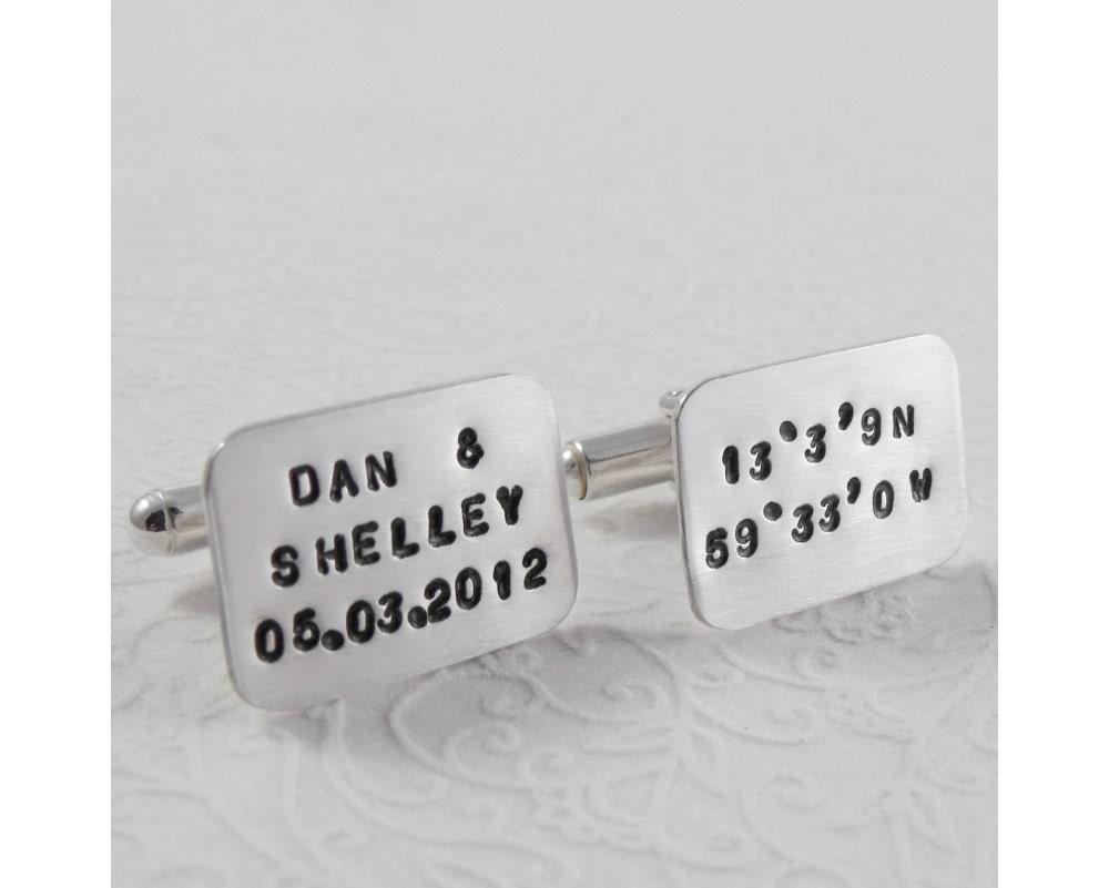 Personalized wedding cufflinks Custom wedding cuff links. Handmade grooms gift. Date & location memento.