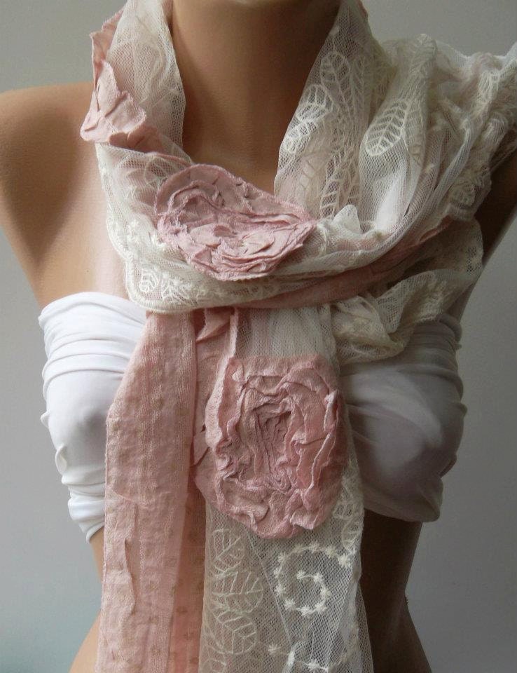 pink Cotton Rose Shawl/ Scarf - Headband -Cowl with Lace Edge