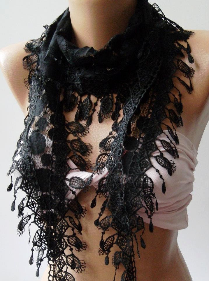 NEW- Mothers Day Gift - black  Lace Shawl/ Scarf - Headband with Lace Edge