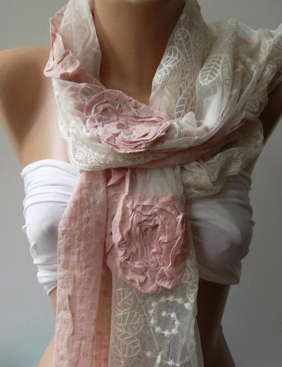 pink Cotton Rose Shawl/ Scarf - Headband -Cowl with Lace Edge