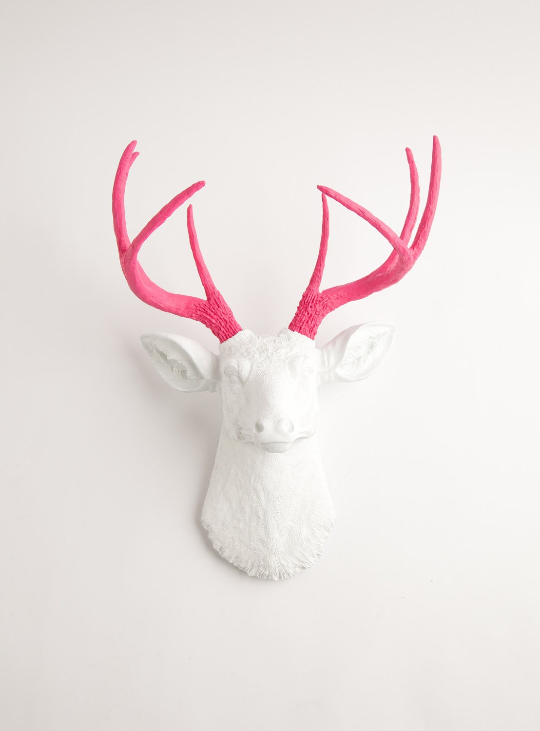 Faux Taxidermy - The Boris - White W/ Pink Antlers Resin Deer Head- Stag Resin White Faux Taxidermy